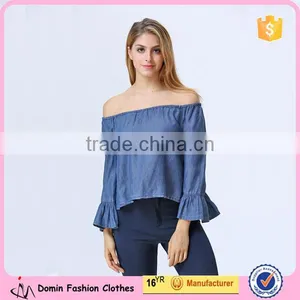 New Design Women Clothing Manufacturers Off Shoulder Denim Blouse For Women thumbnail-1