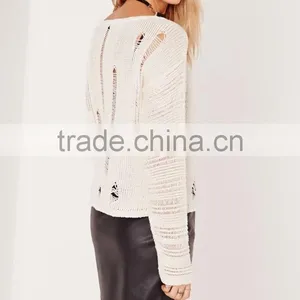China Women Long Sleeve Sweater Ladder Shoulder Distressed Cropped Jumper White Knitwear Pullover thumbnail-2