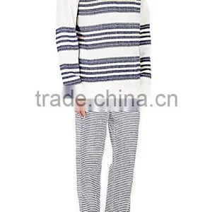 V-neck Side On-seam Pockets Pullover Navy and Orange Mixed-stripe Cotton-blend Hoodies thumbnail-1