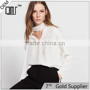 NEWEST DESIGN Nice Fastening at the Collar Women V-neck and Long Sleeve Blouse thumbnail-1