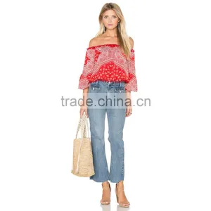 Ladies Off Shoulder Check Cotton Printed Blouse 2016 Design thumbnail-4