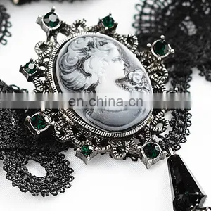 Gothic Laced and Chained Necklace With Cameo and Crosses thumbnail-2