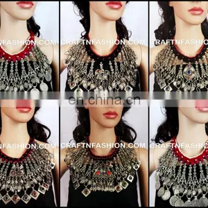 Designer Tribal Long Bell 1960s Handmade Necklace,BY Megh Craft - Indian Ethnic Old Coin Jewelry Afghanistan Kuchi Tribal Set thumbnail-3