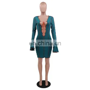 Women Bodycon Dress Long Sleeve Autumn New Arrival Long Sleeve Pit Stripe Solid Color Lace Up Women Dress thumbnail-5