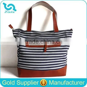Navy Stripe Stylish Denim Bag Denim Tote Bag With Leather Trim thumbnail-1