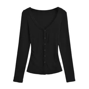 Button Pleated Lace-up Long-sleeved T-shirt Women's 2025 Autumn New Slim Design Sense Undershirt Top Trend thumbnail-4