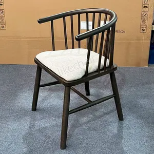 Nordic Style Solid Rubber Wood Windsor Dining Arm Chair Soft Linen Cushion Ergonomic Curved Backrest Durable Hotel Dining Chair thumbnail-2