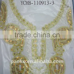 YCHB-110913-3 Yellow Color Bead & Sequine Sewing on Embroidery Applique, Fabric VNeck, Neckline Motif thumbnail-1