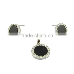 Black Agate Jewelry Set 925 Sterling Sliver Stud Earrings Rhodium Plating thumbnail-1