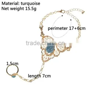 Womens Gold Slave Chain Finger Ring Bangle Hand Harness Bracelet Turquoise Beads thumbnail-2
