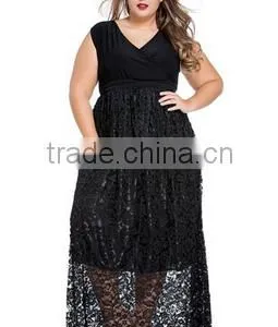 Women's Plus Size V Neck Sleeveless Prom Lace Black Dresses thumbnail-2