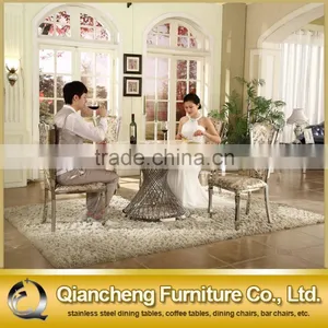 Mirror Silver Stainless Steel Table Base Marble Top Dining Table and Chiar Sets thumbnail-1
