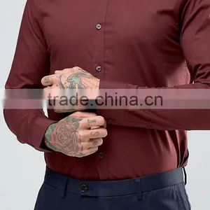 Guangzhou High Quality Custom Long Sleeve Point Collar Mens 97% Cotton 3% Elastane Casual Slim Fit Plum Solid Shirts thumbnail-3