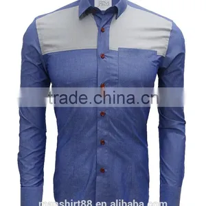 Latest Shirt Designs Blue Chambray Special Contrast Front Shirts for Men thumbnail-1