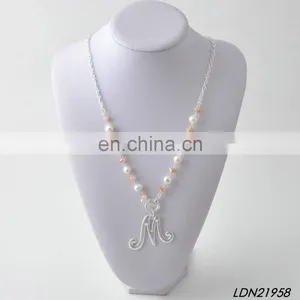 New Fashion Initial Letter Silver Pendant Necklace Pearl Glass Stone Beaded Necklace Jewelry thumbnail-1