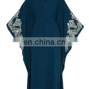 Women V-Neck Blue Abaya Muslim Dress With Embroidery thumbnail-6