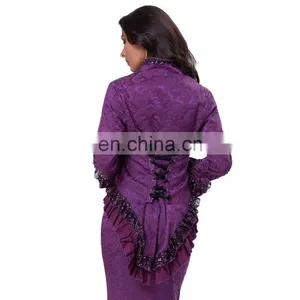 Belle Poque Women's Gothic Victorian Corset Style Lace Embellished V-Neck Jacquard Purple Coat Retro Vintage Tops BP000223-3 thumbnail-2