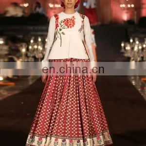 Ivory Top and Red Brocade Lengha Set thumbnail-1