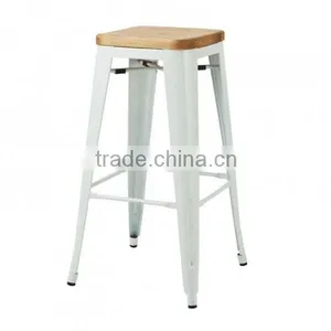 MCH-1505 75cm Height Metal White Stool With Wooden Seat Top thumbnail-1