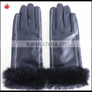 Rabbit Fur Trim Leather Gloves Women Leather Gloves thumbnail-1