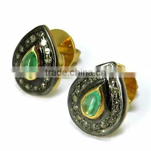 Finesque !! Pear Shape Emerald & Diamond Gold Polish 925 Sterling Silver Earring, Dangler SIlver Earring, Silver Jewellery thumbnail-3