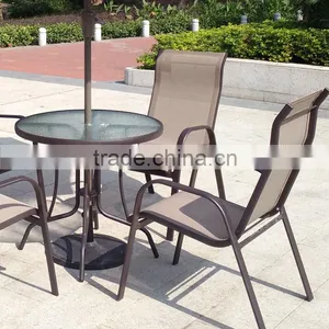 All Weather Proof Coffee Brown 5 Piece Outdoor Garden Balcony Aluminum Sling Patio Furniture Round Glass Dining Table Chair Set thumbnail-3