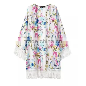 Chiffon Tassel Cardigan Cover-up Tops Women Floral Print Blouse Summer Swimwear Bikini Beach Cover Up Tops for Sexy Women thumbnail-4