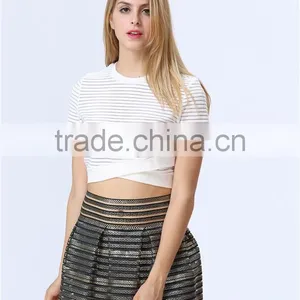Accept Mini Quantity Order Factory Price New Fashion White Colour Stripe Women Crops Tops thumbnail-5