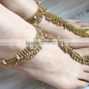 GOLD Tone Payal ANKLETS Toe Ring BAREFOOT SANDAL Pair thumbnail-3