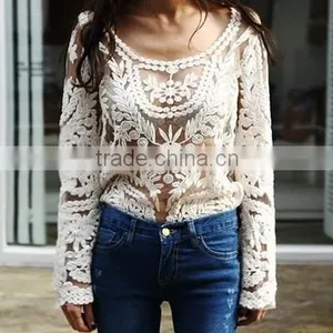 Summer Gouhua Openwork Lace Blouse Lace Openwork Short Blouse Female Temperament Lace Blouse thumbnail-5