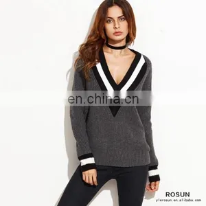 Grey Striped Trim Deep V Neck Knitted Sweater thumbnail-1