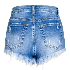Fashion Summer Distressed Irregular Fringed Denim High Waist Shorts Jeans for Women thumbnail-2