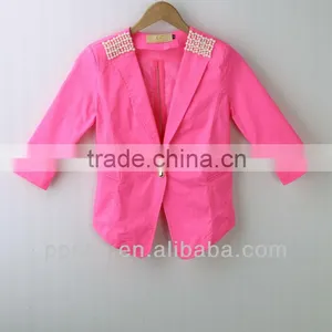 Fashion Spring Neon Color Ladies'casual Tail Suit,fashion Ladies'jacket With Pearl on Shoulder and Accessory Zipper on Back thumbnail-3