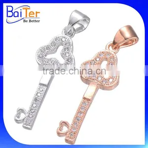 White Gold Plated Created 925 Sterling Silver Created Diamond Heart Key Pendant For Necklace thumbnail-3