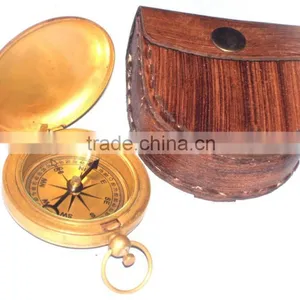 Antique Brass Maritime Gift - Push Button Nautical Compass With Leather Case 13500 thumbnail-1