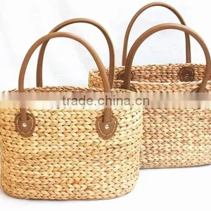 High Quality Best Selling Natural Water Hyancinth Lady Handbag With Leather Handle From Vietnam thumbnail-1