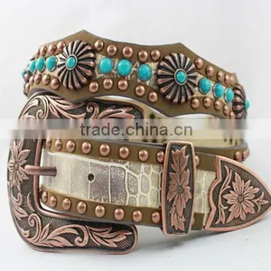 2016 Best Seller Scallop Western Rhinestone Leather Belt With Turquoise Concho thumbnail-3