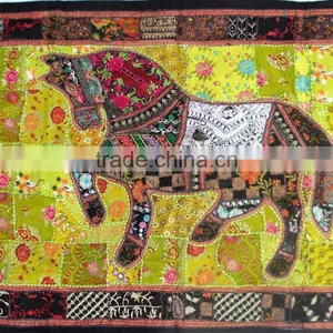 Indian Old Fabric Wall Decor With Horse Figure - Handworked Cotton Fabric Patchwork Wall Hanging Tapestry thumbnail-2