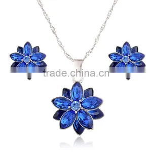 Blue/White/Pink Flower Necklace Earring Set Rhinestone Crystals for Women Jewelry thumbnail-1