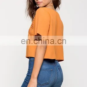 Custom Laser Cut Loose Fit Woman T-shirt Wholesale thumbnail-3