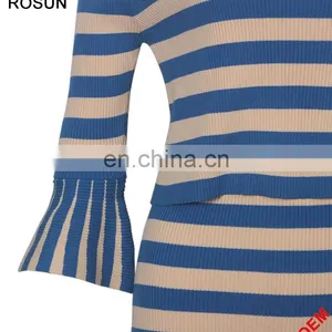 Women's Flare Sleeves Strips Long Knit Skirt Suits thumbnail-5
