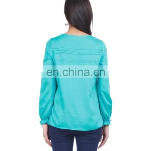 Green Top With Pin Tuck Detailing for Ledies Printed Three Quarter Sleeve Blouse in Chiffon With Lace Collar See Larger Image thumbnail-2