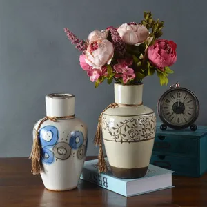 Tassel Rope American Countryside Style Hand Made Large White Ceramic Vase For Dining Room Decor thumbnail-1