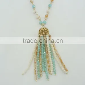 FASHION MULTI COLOR GLASS BEADED TASSEL NECKLACE thumbnail-2