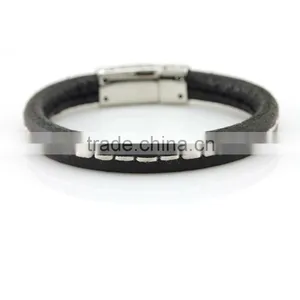 Cowskin Bracelets, Stainless Steel Leather Wristbands ,flat Leather Wrap Bangles thumbnail-2