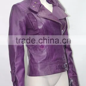 Ladies Short Purple 4110 Fitted Waist Length Soft Napa Lambskin Leather Jacket thumbnail-2