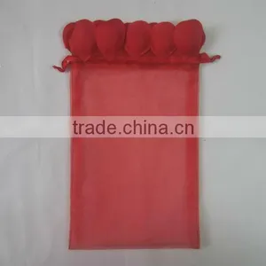 HOT SALE! Red Organza Gift Wrapping Pouch, Organza Wine Bottle Wrapping Bag w/ Petals at the Open thumbnail-1