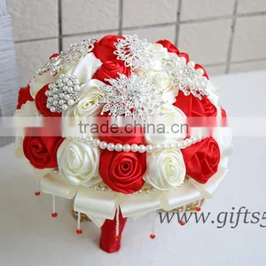2016 New Design Wedding Bouquet, Silver and Ivory Brooch Bouquet, Red and White Satin Rose Wedding Bouquet thumbnail-1