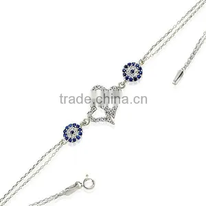 White Gold P. 925K Sterling Silver Turkish Heart Evil Eye Bracelet BSBL052 thumbnail-1