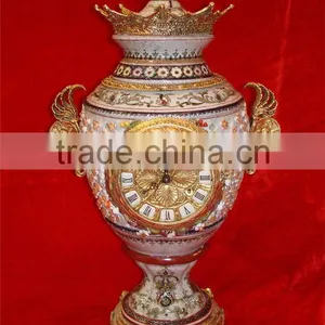 Exquisite Flower and Bird Design Ceramic and Brass Table Clock, Elegant Embedded Urn Jar Table Clock thumbnail-4